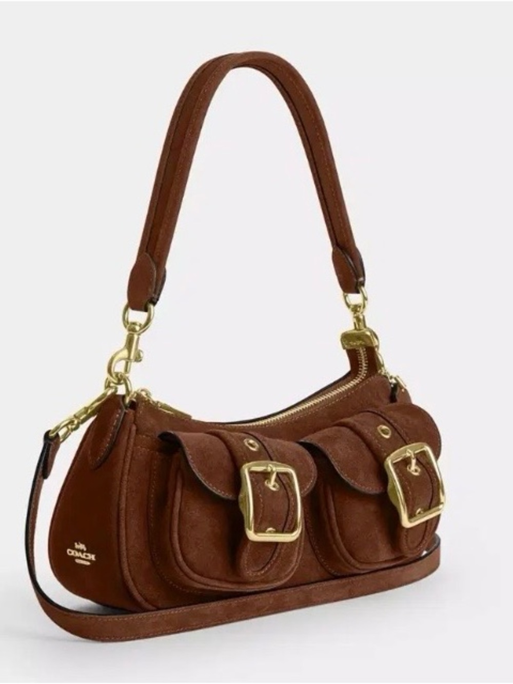 Coach New Fall Y2K Brown Suede Shoulder Bag Gold Hardware Baguette Sexy Bar Bag - Picture 7 of 12